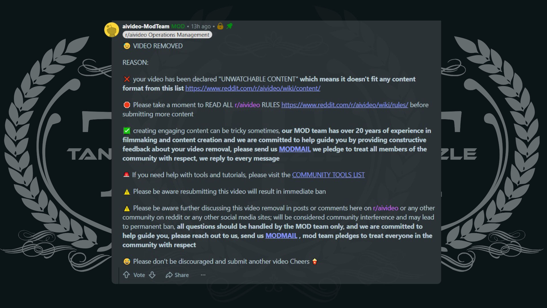 r/aivideo's removal message describing Tanizzle's Broski Card as "unwatchable content"