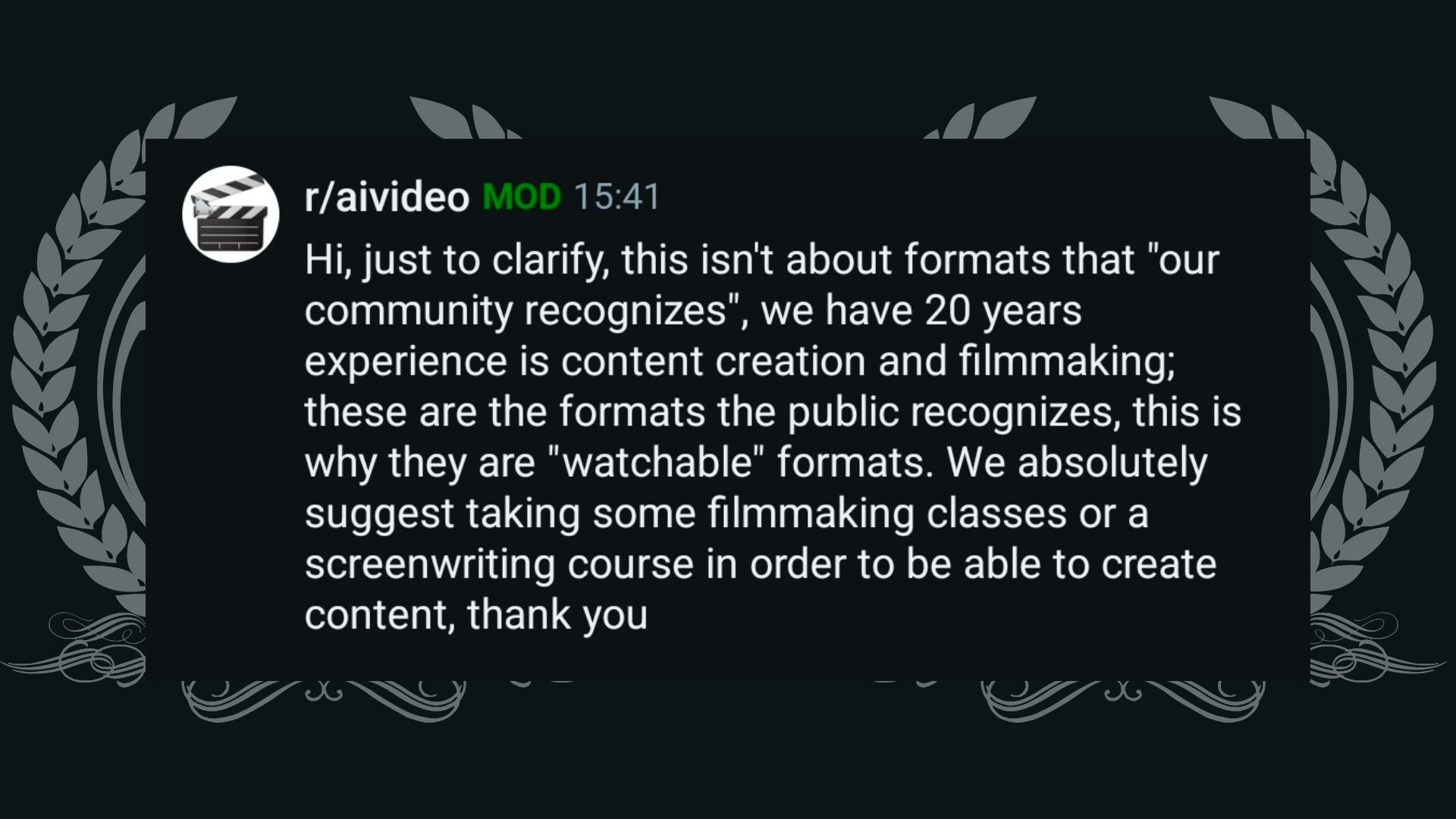 r/aivideo suggesting Tanizzle needs "filmmaking classes" and courses